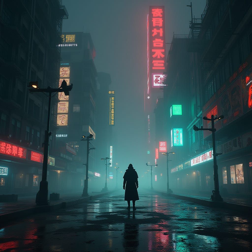 Cyberpunk Figure in Neon Cityscape