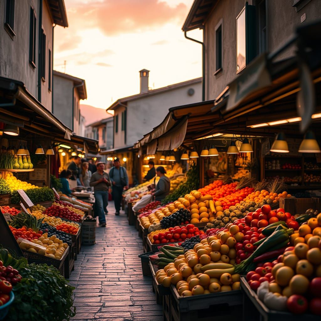 Bustling Italian Village Fruit Market at Sunset