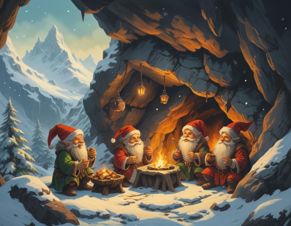 Dwarves in Festive Snowy Mountains Cave, a Fantasy RPG Art S...