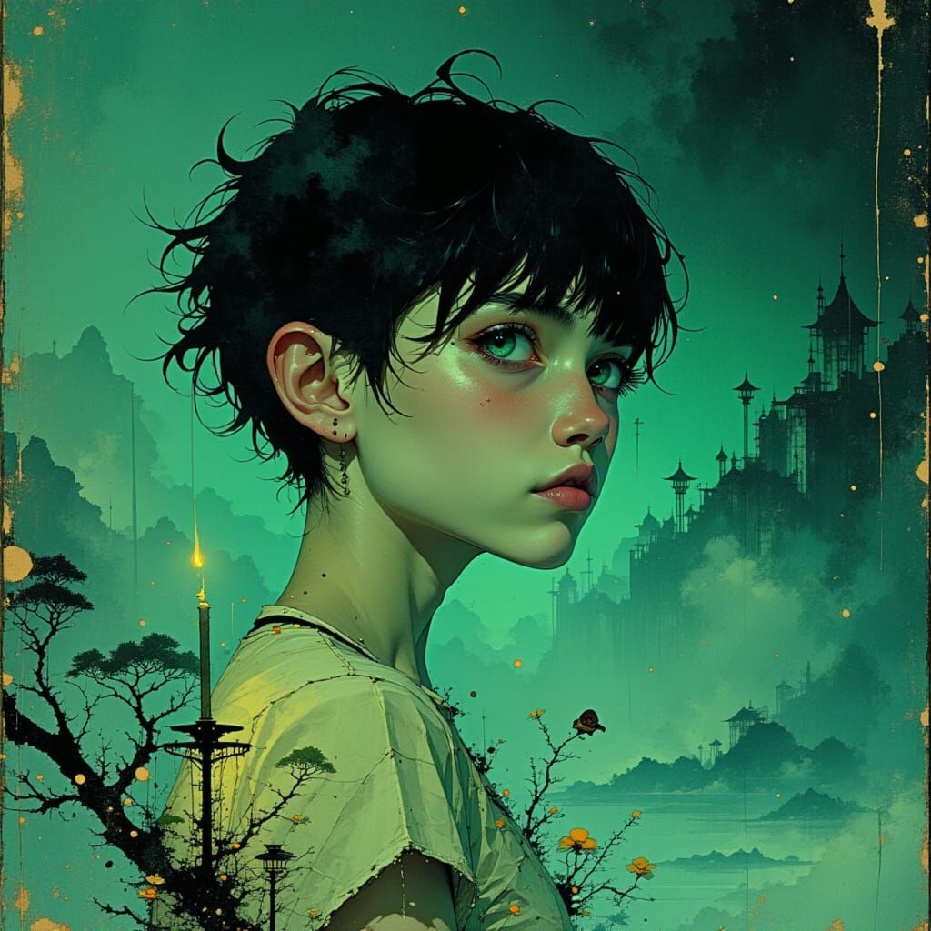 Dreamlike Manga Portrait in Moody Watercolor Style