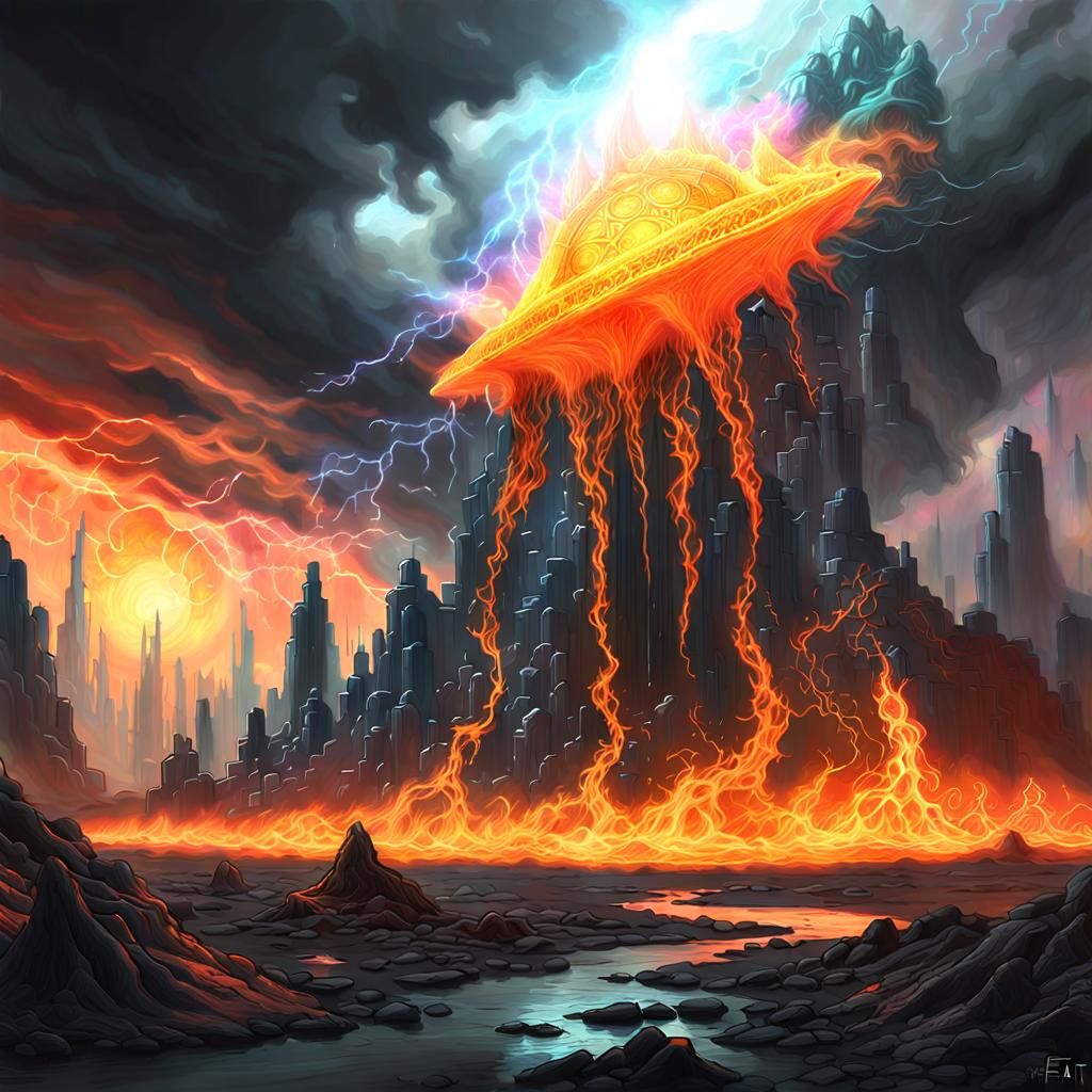 Ethereal Crystal Alien in Fiery Mist