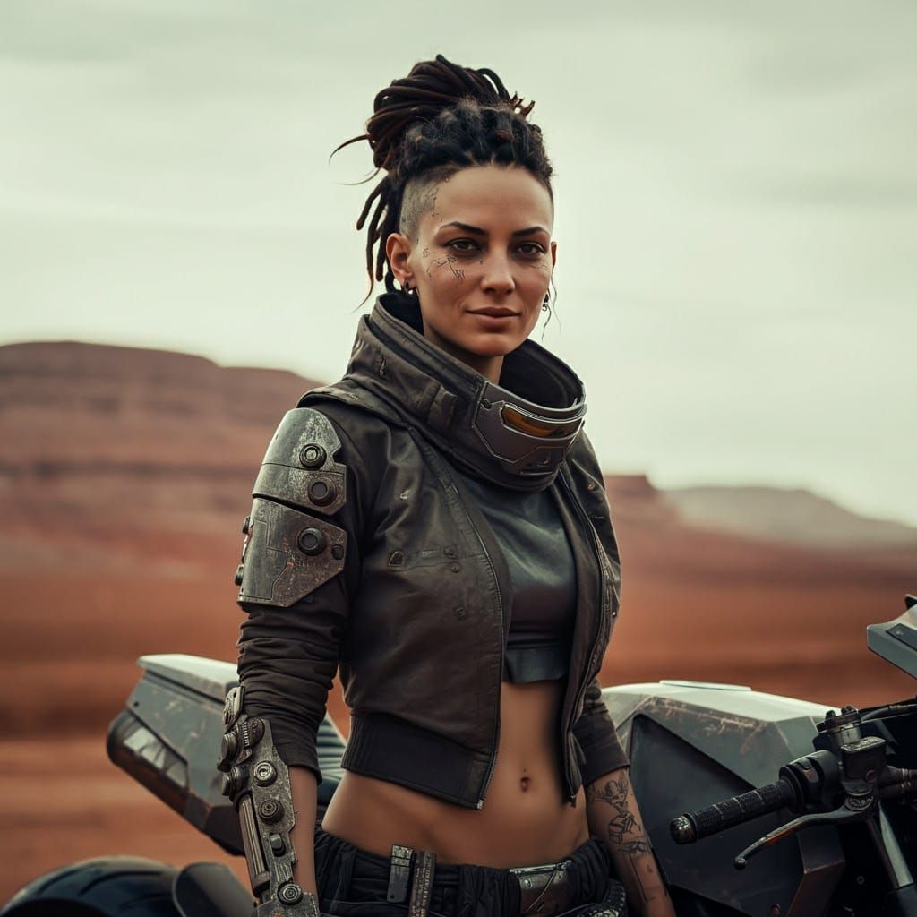 Cyberpunk Female Nomad on Motorcycle in Badlands