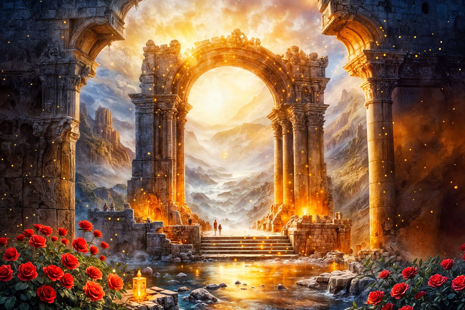 Epic Watercolour Painting of Assyrian Gateway at Dawn