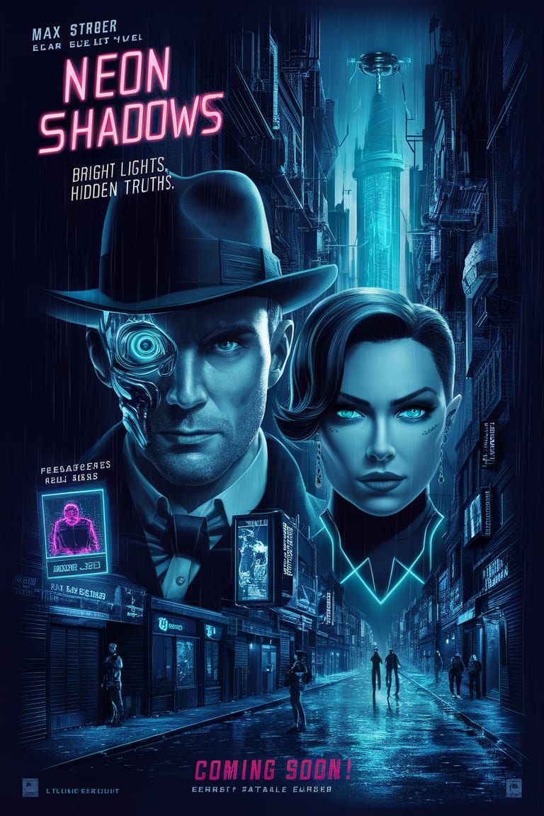 Neon Shadows: Cyberpunk Meets Noir in Bold Movie Poster