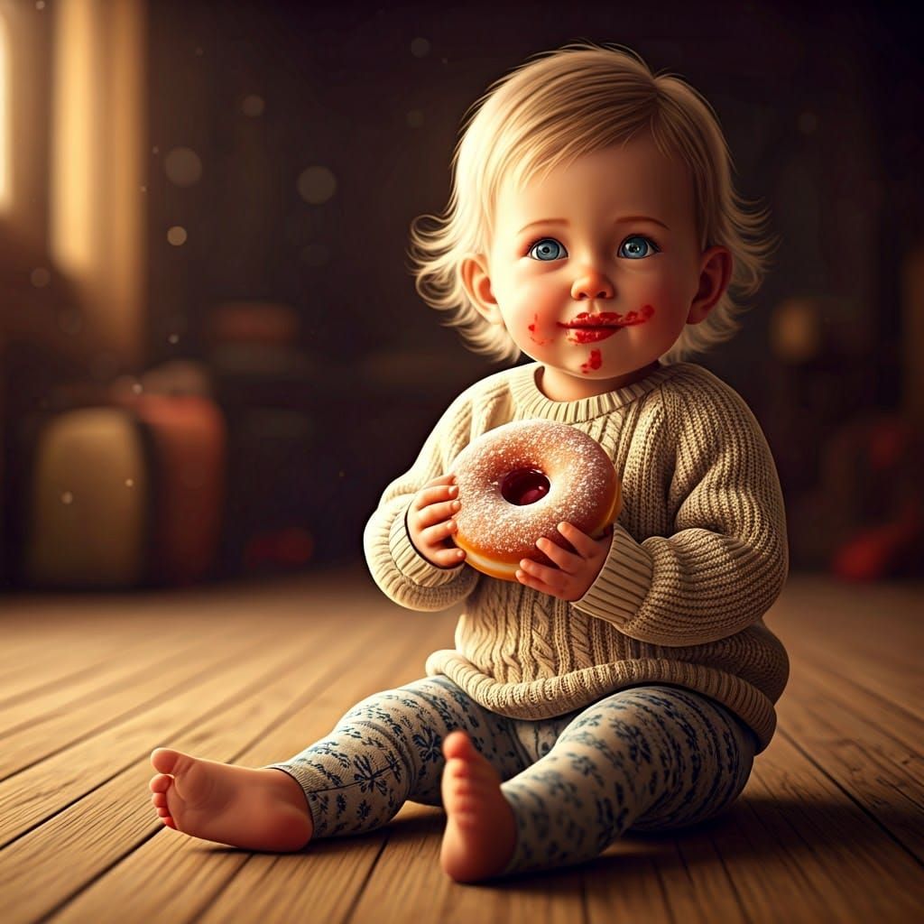 Baby with Donut in Cozy Home, Fantasy Concept Art
