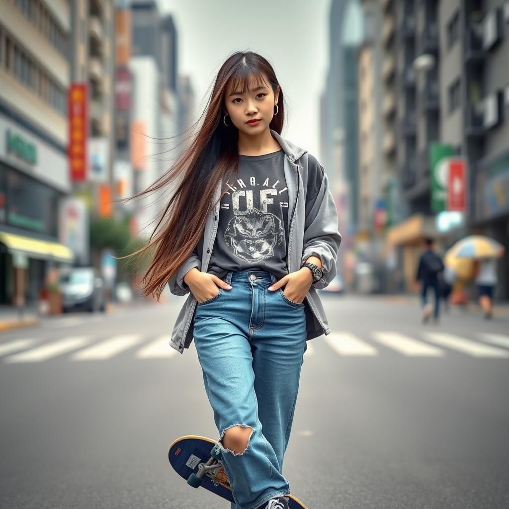 Stylish Japanese Girl with Skateboard in Cityscape