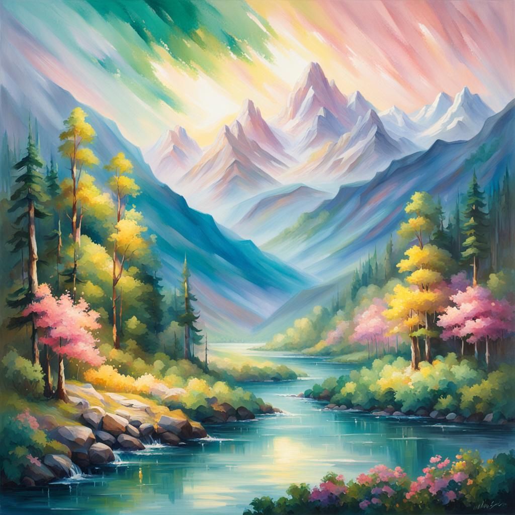 Impressionistic Landscape of Fantasy Mountains and River