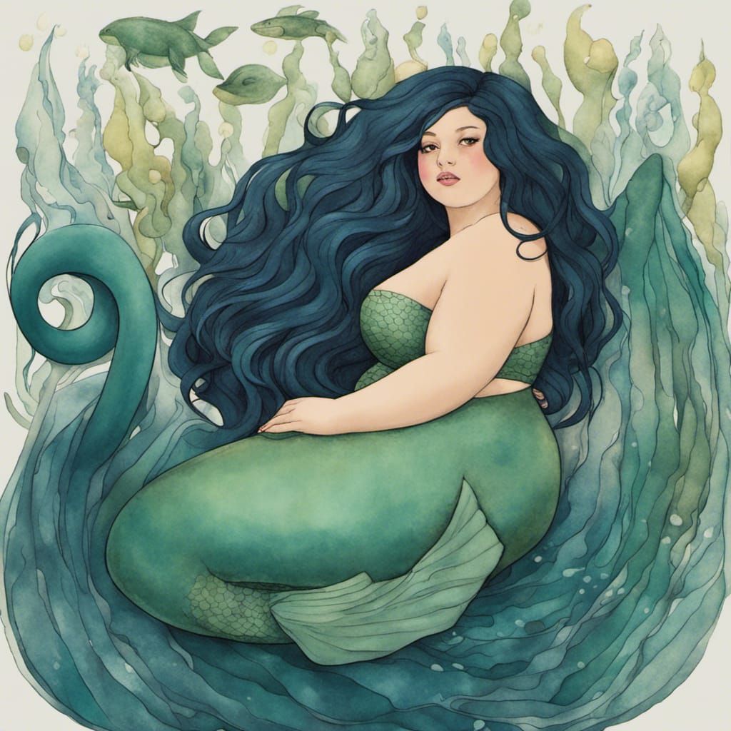 Plus-Size Mermaid with Whale in Naïve Style