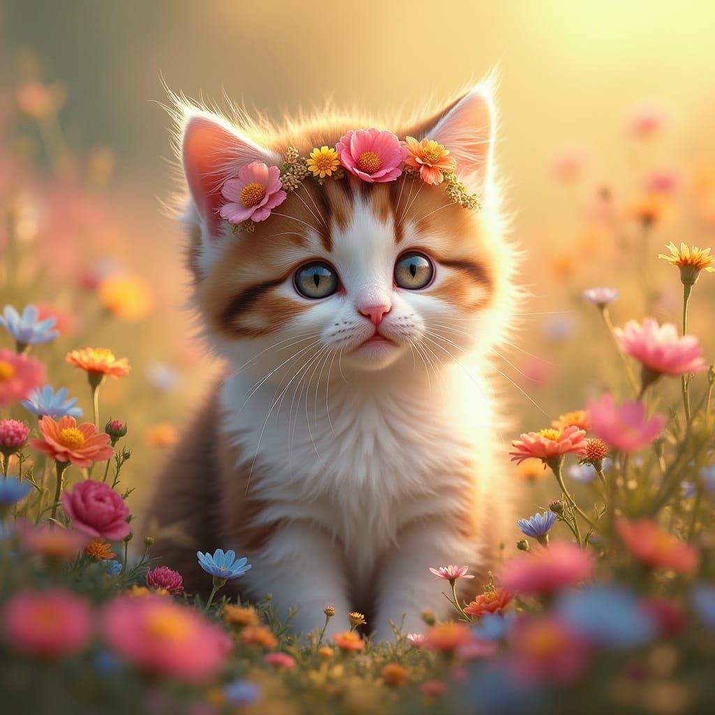 Calico Kitten in Wildflower Field: Fantasy Portrait