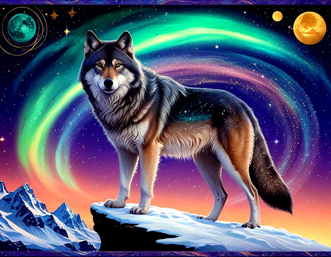 Cosmic Wolf on Snowy Peak in Art Nouveau Style