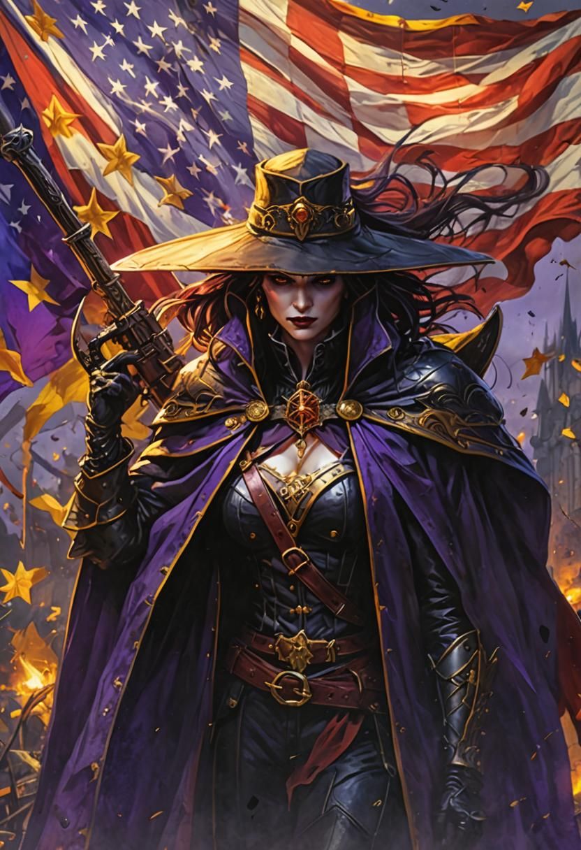 Vampire Hunter with American Flag in Dark Fantasy Style