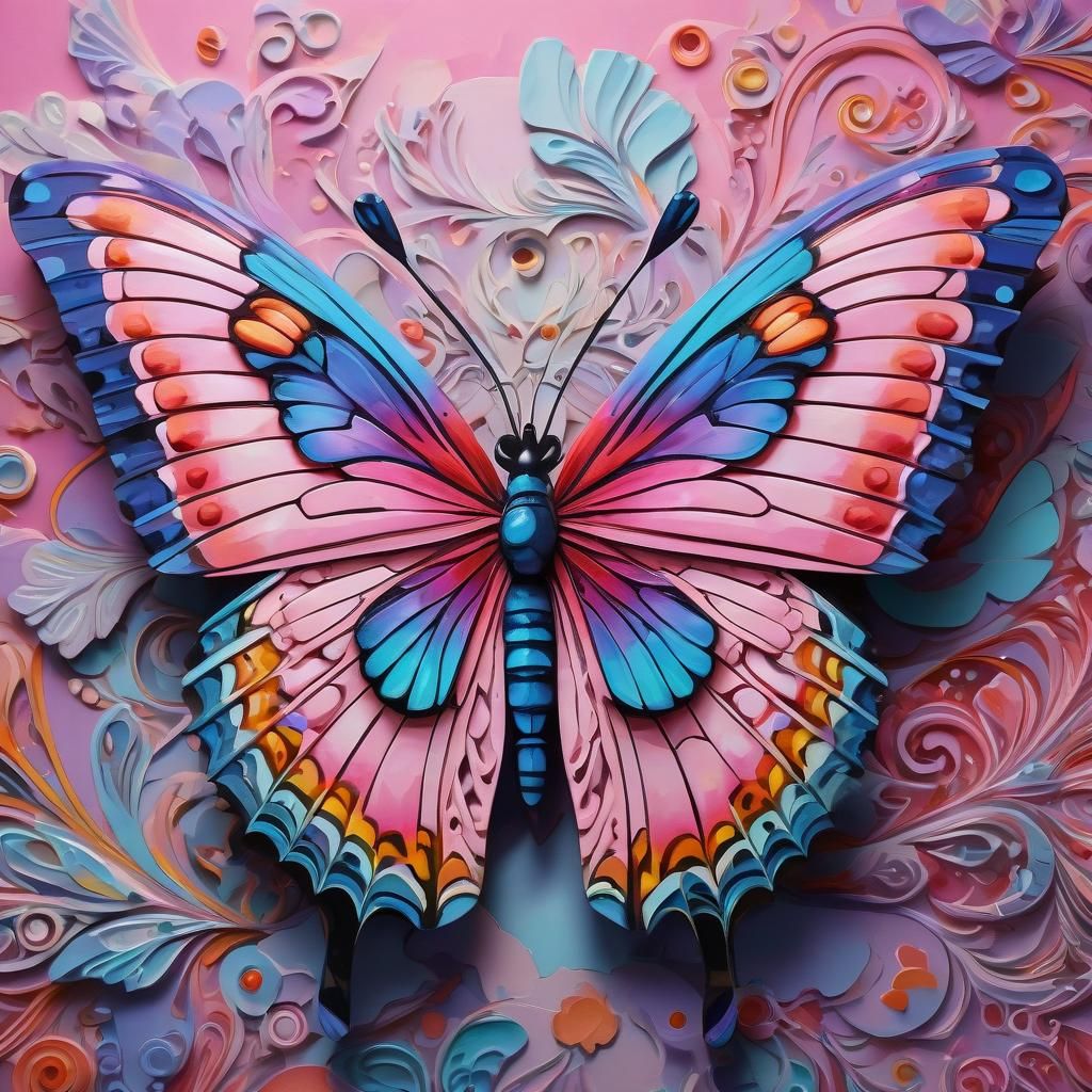 Pink Butterfly in Cubist Hyperrealism Style