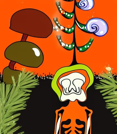 A Christmas tree with a blonde haired mushroom skeleton danc...
