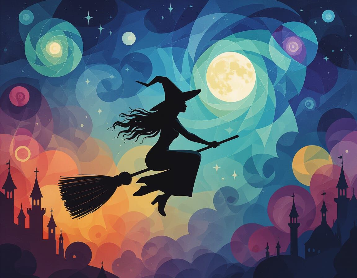 Witch Flying Through Abstract Cosmic Realm
