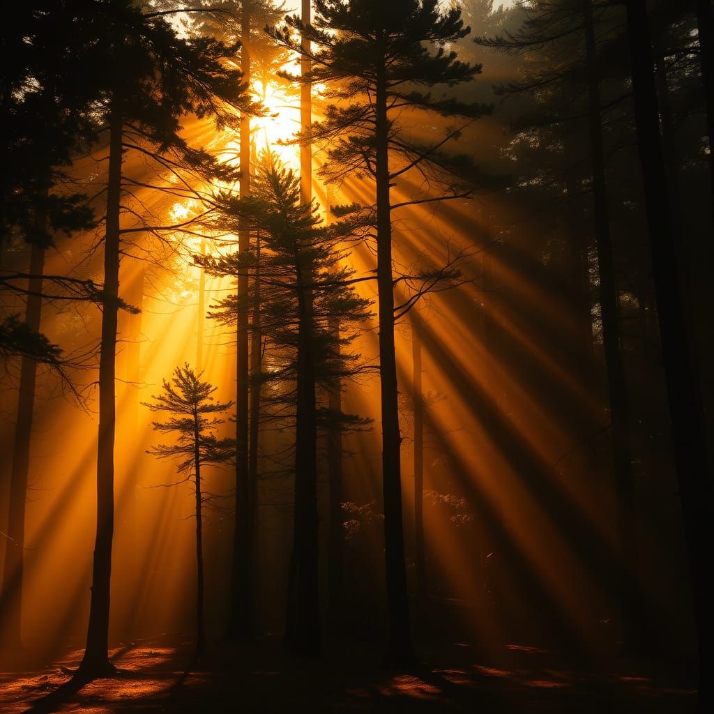 Ethereal Forest Scene with Golden Light and Shadow