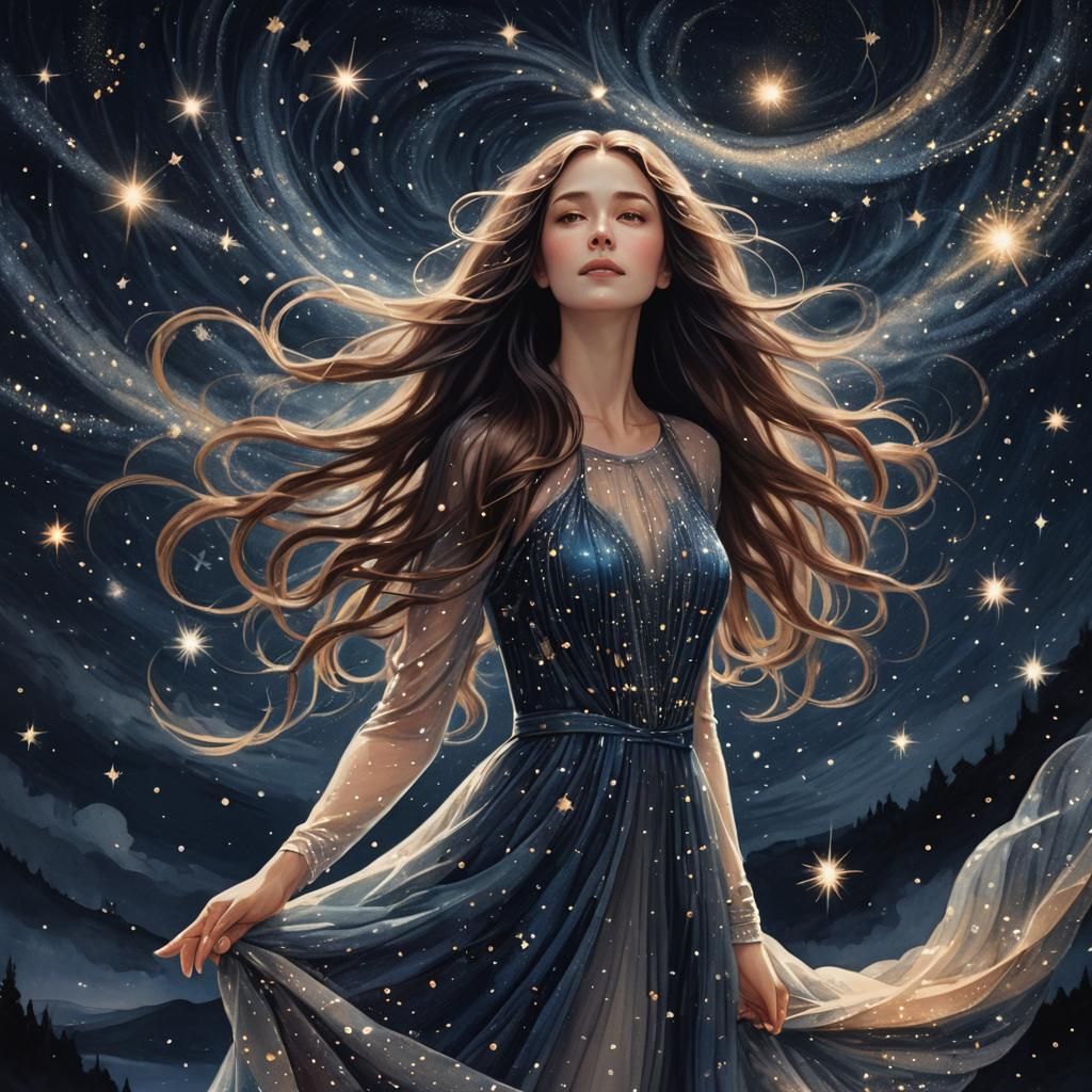 Celestial Woman in Starry Night Dreamscape