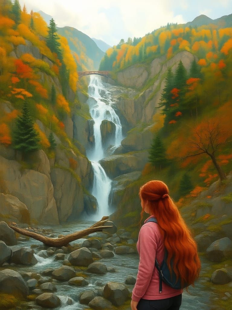 Shomyo Falls Autumn Oil Painting with Vibrant Mountain Hues