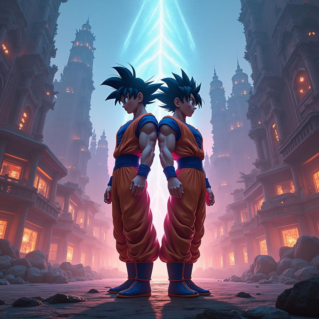 Gojo and Goku in a Fantastical Metropolis