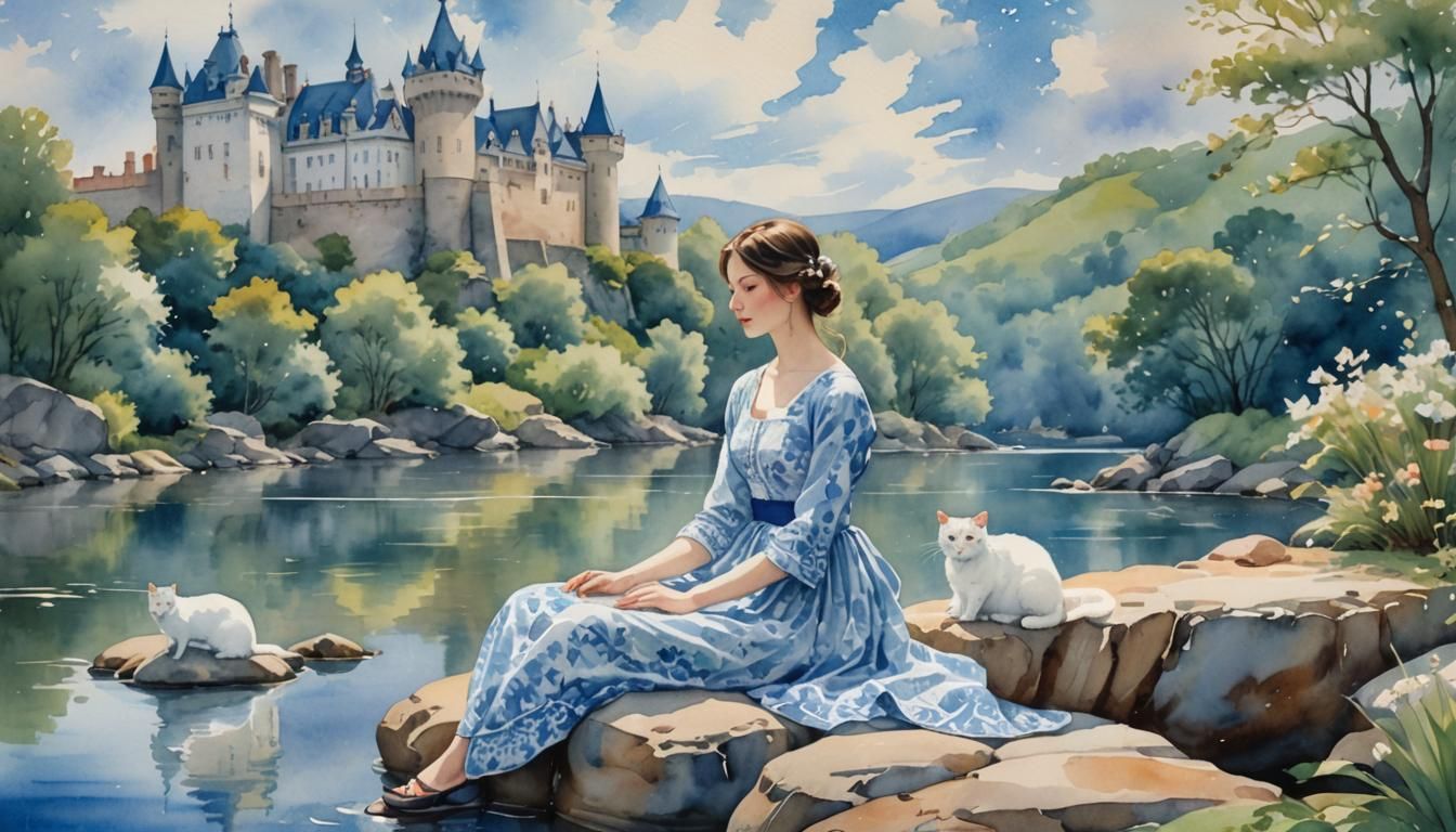 Woman with Cats by River in Watercolor Painting