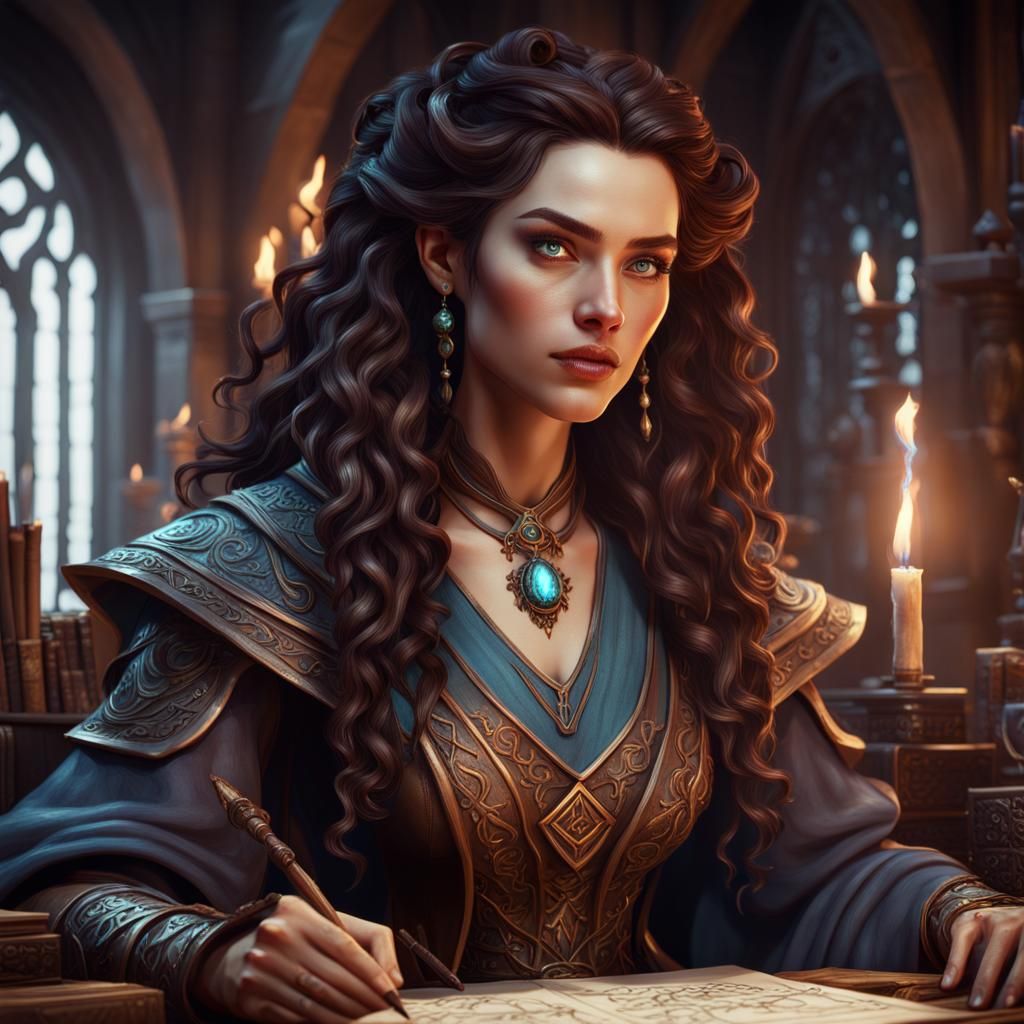 Young Female Wizard Studying Spells: Fantasy Concept Art