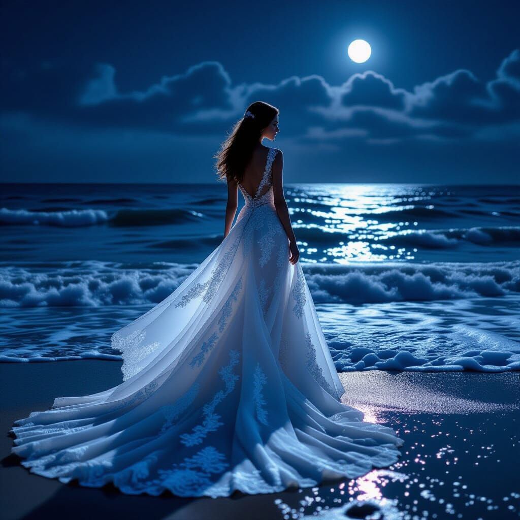 Luminous Wedding Dress by Water's Edge at Night