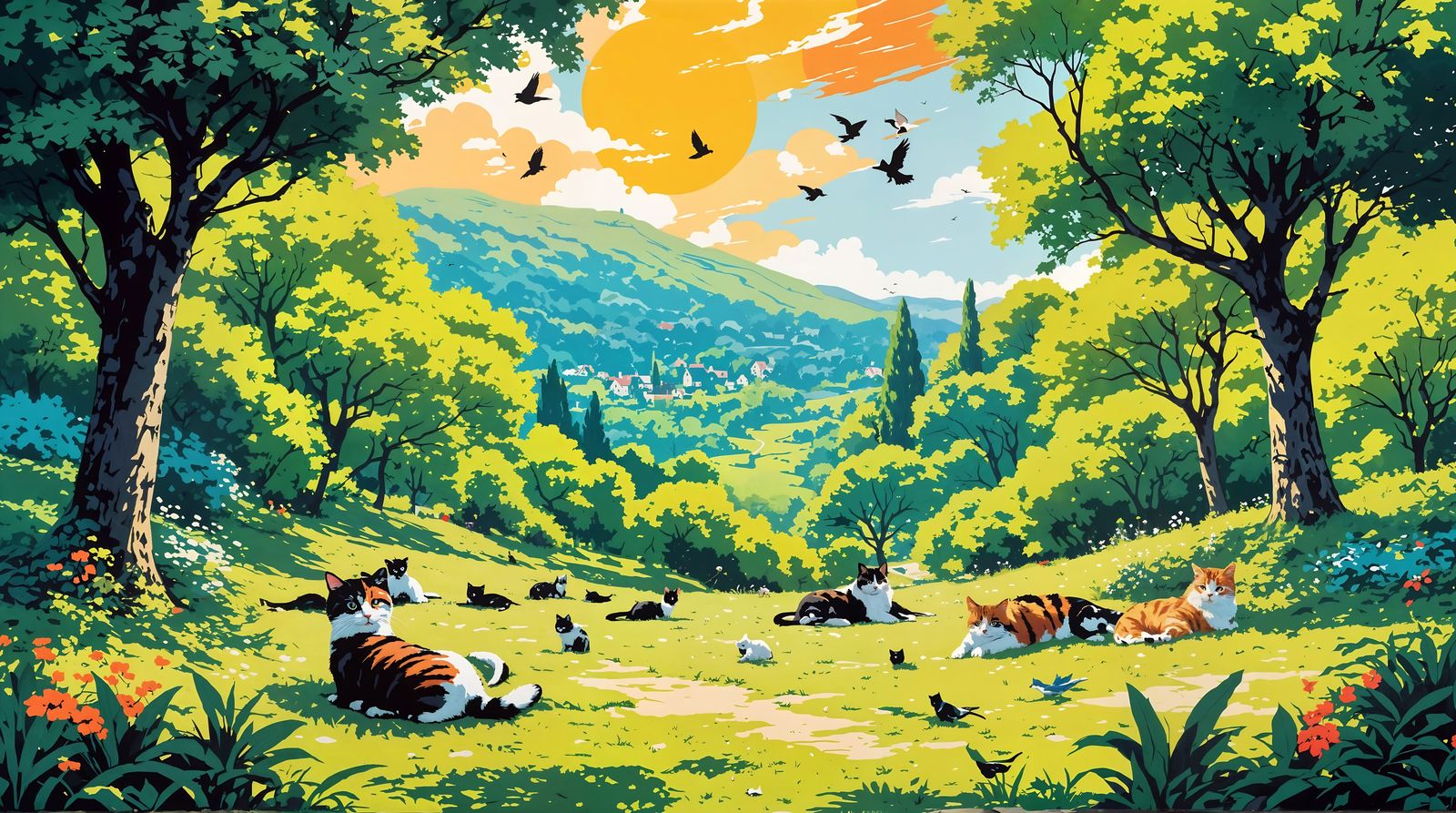 Whimsical Summer Woodland with Cats and Birds in Vibrant Ani...