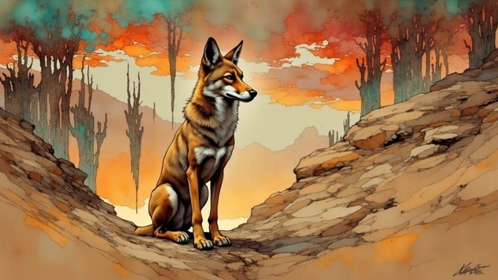 Mystical Coyote in Desert Sunset with Alcohol Ink Art