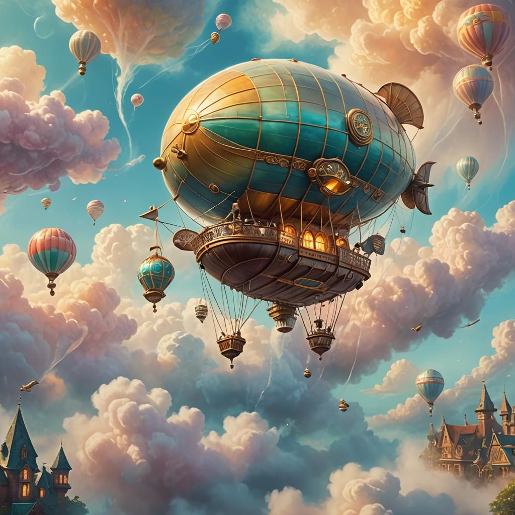 Vintage Airship Amidst Swirling Mist in Fantasy Art