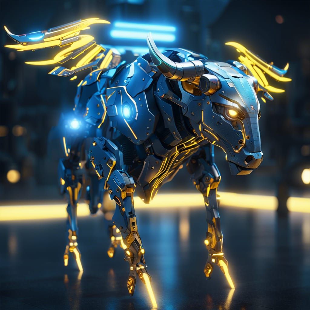 Futuristic Cyborg Bull with Angel Wings in Sci-Fi Style