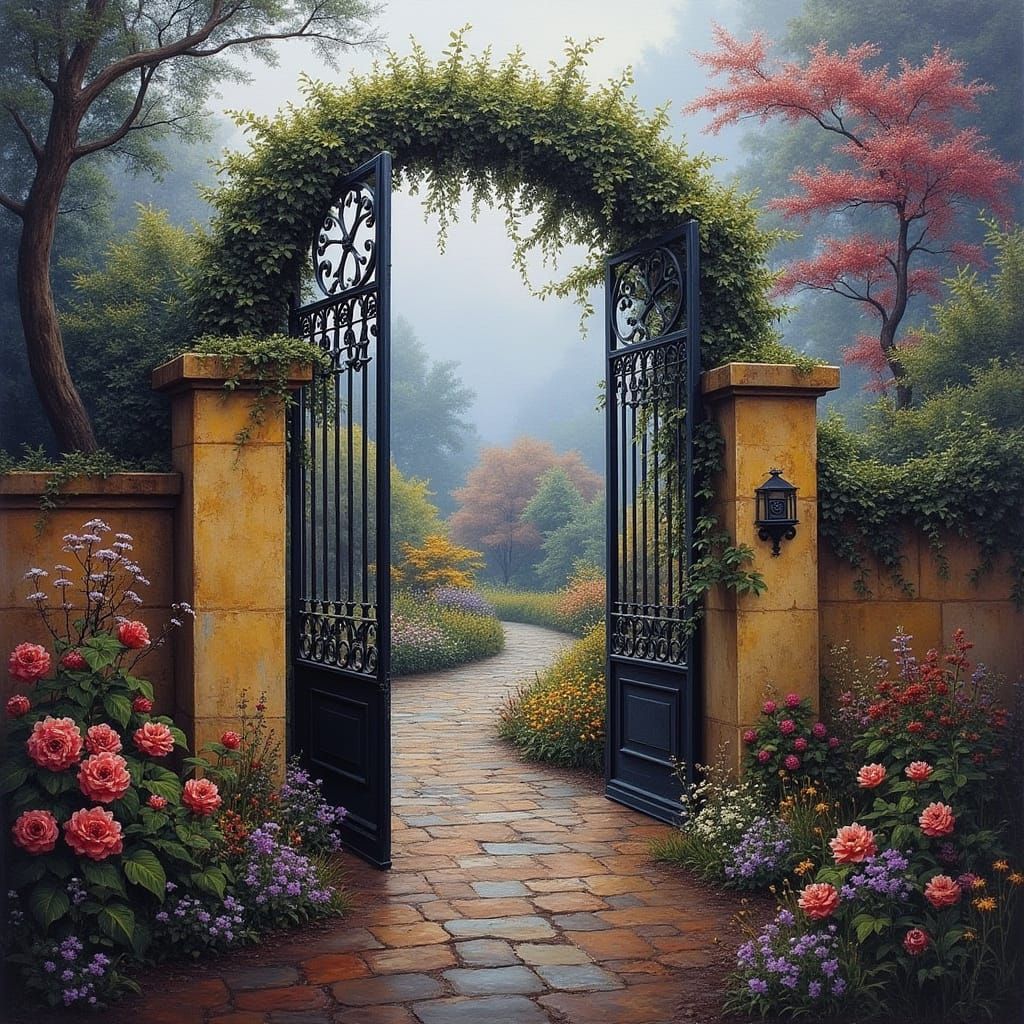 Vine-Entwined Iron Gate in Foggy Cottage Garden