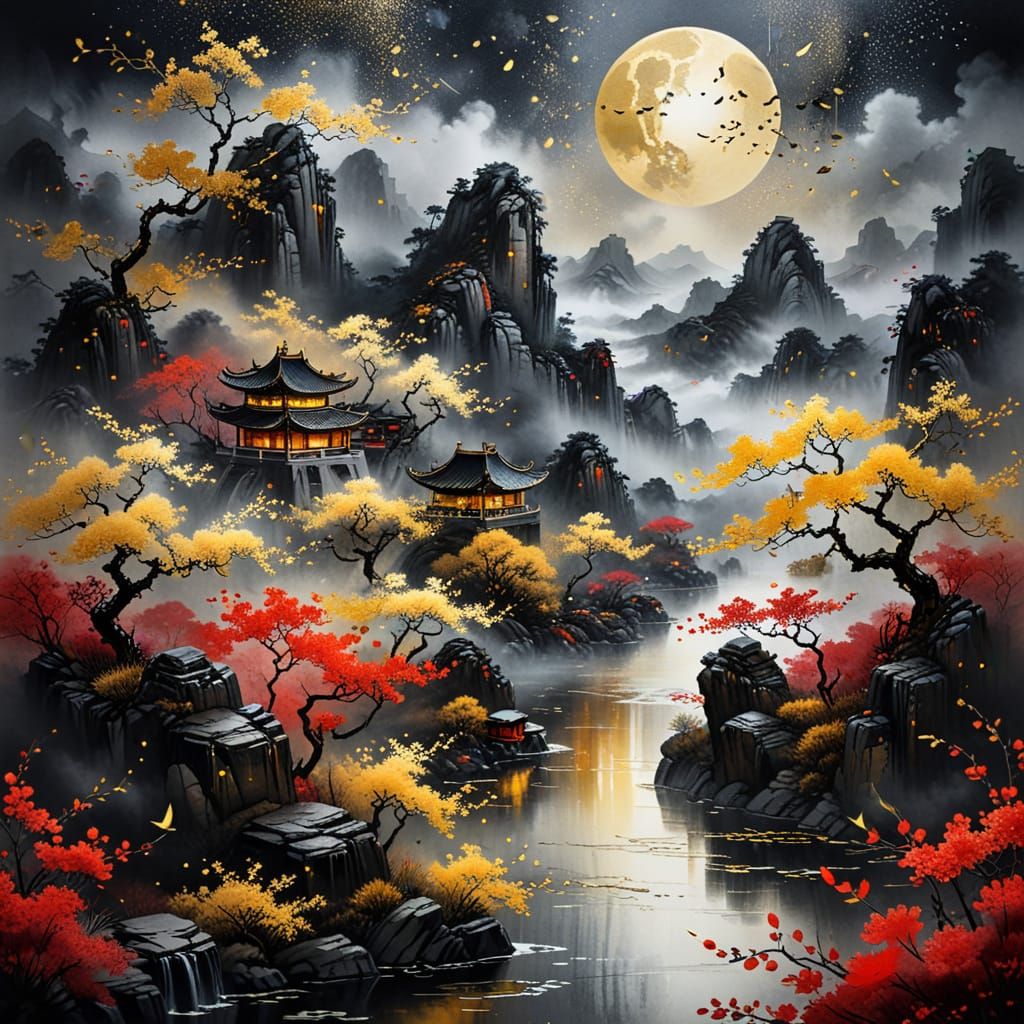 Chinese Landscape with Golden Rain in Sfumato Style