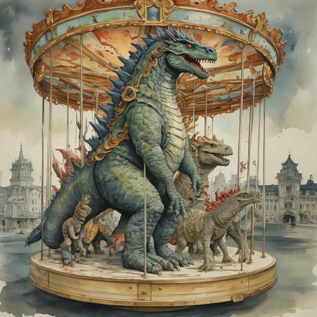 Godzilla Carousel in Surrealist Watercolor Style