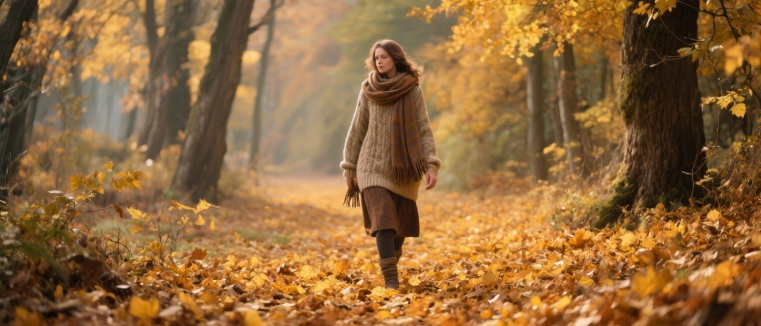 Woman's Autumn Forest Stroll in Whimsical Style