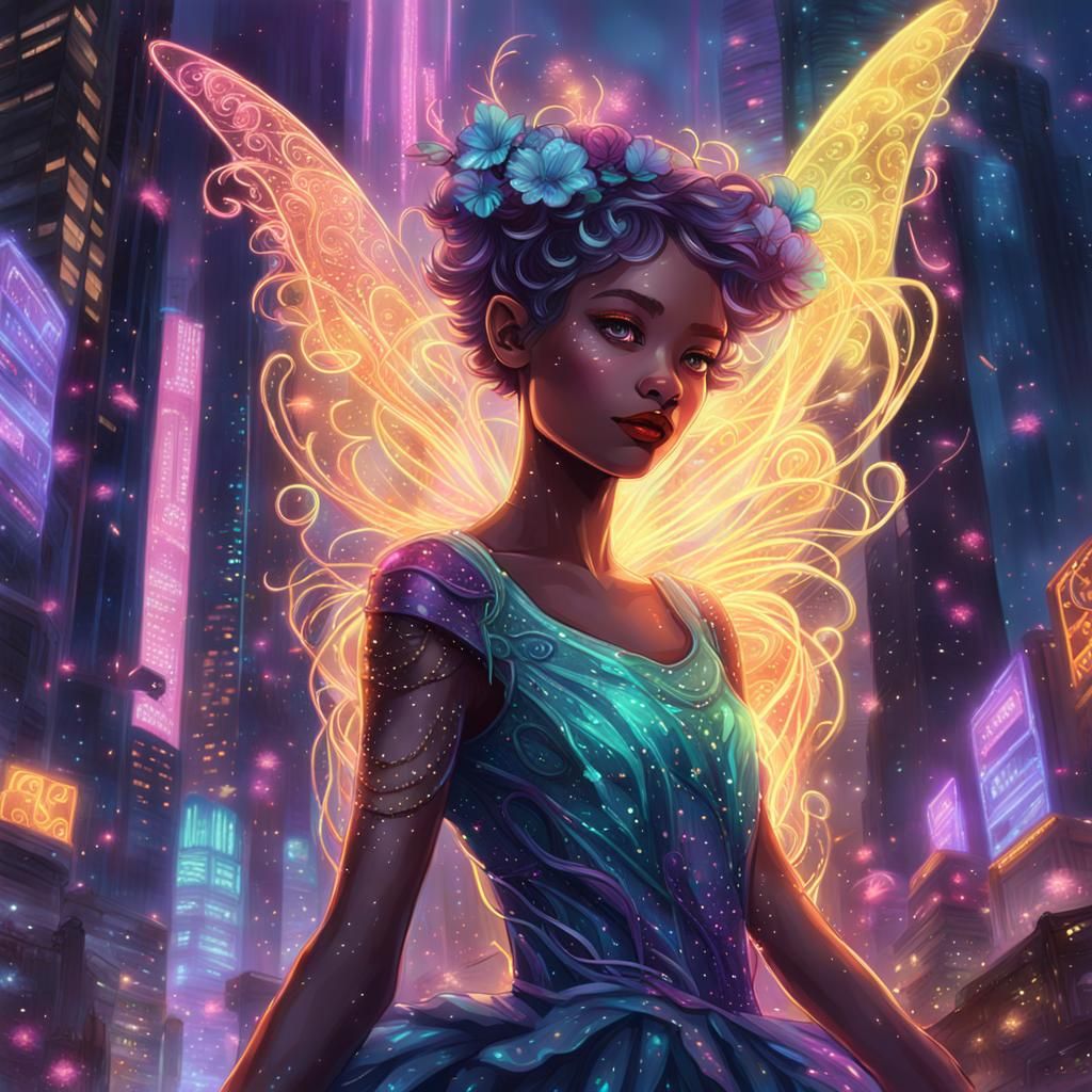 Cyberpunk Pixie in a Futuristic Cityscape