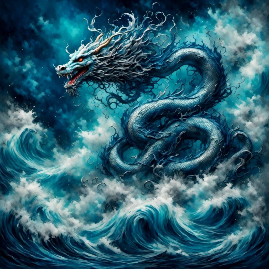 Iridescent Chinese Dragon Flying Over Crashing Waves