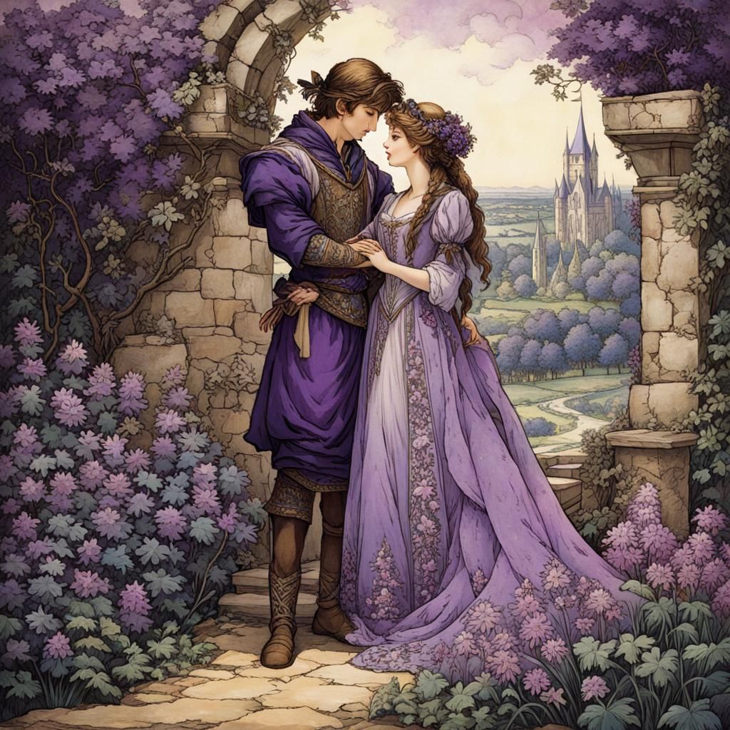 Medieval Couple in Garden, Arthur Rackham Anime Style