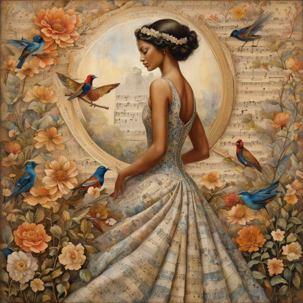 Ethereal Woman in Gilded Floral Sheet Music Dress