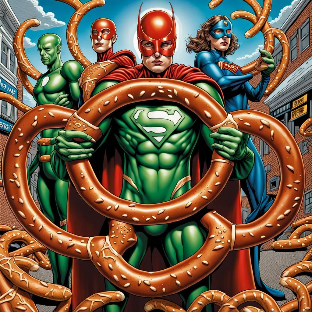 hyper detailed amazing comic art Human Pretzel superhero family with pretzels for body parts and   incredible dramatic p...