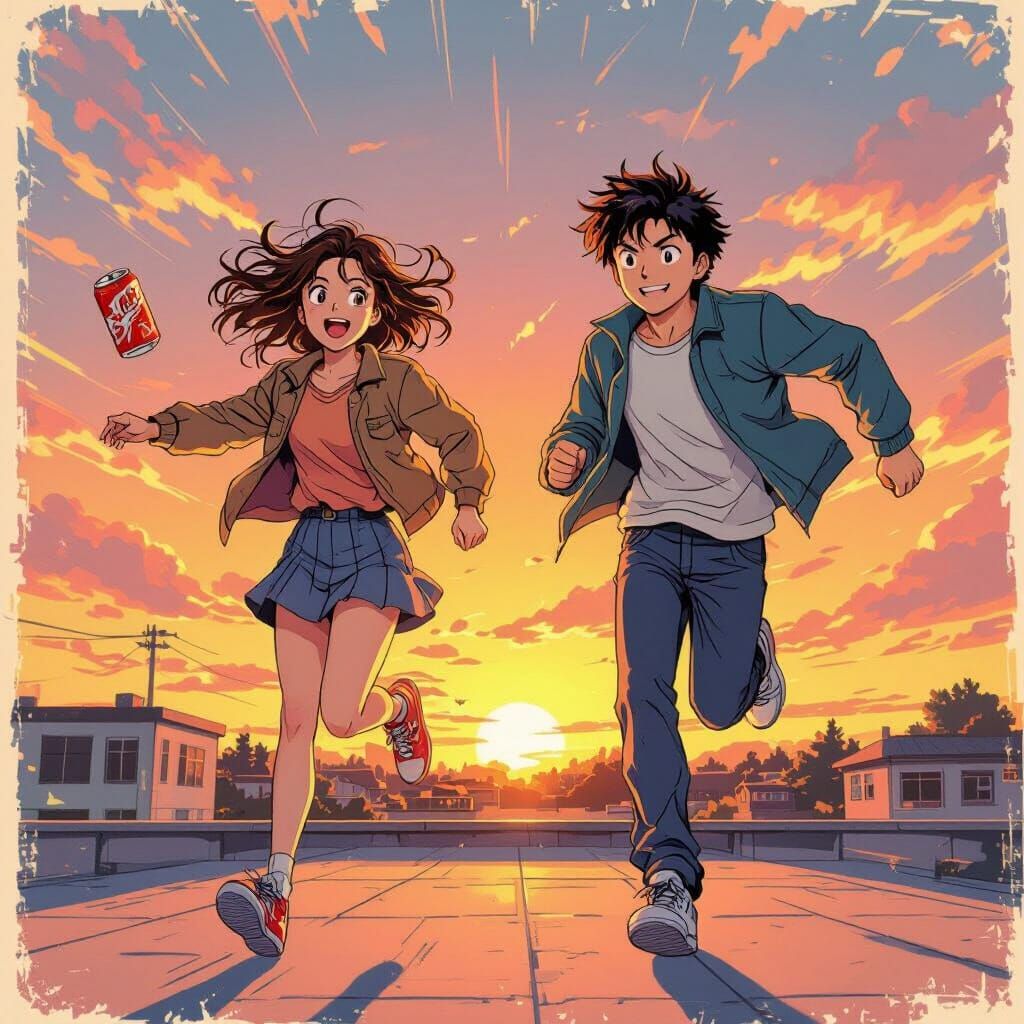 Teenagers on Rooftop in Retro Manga Style