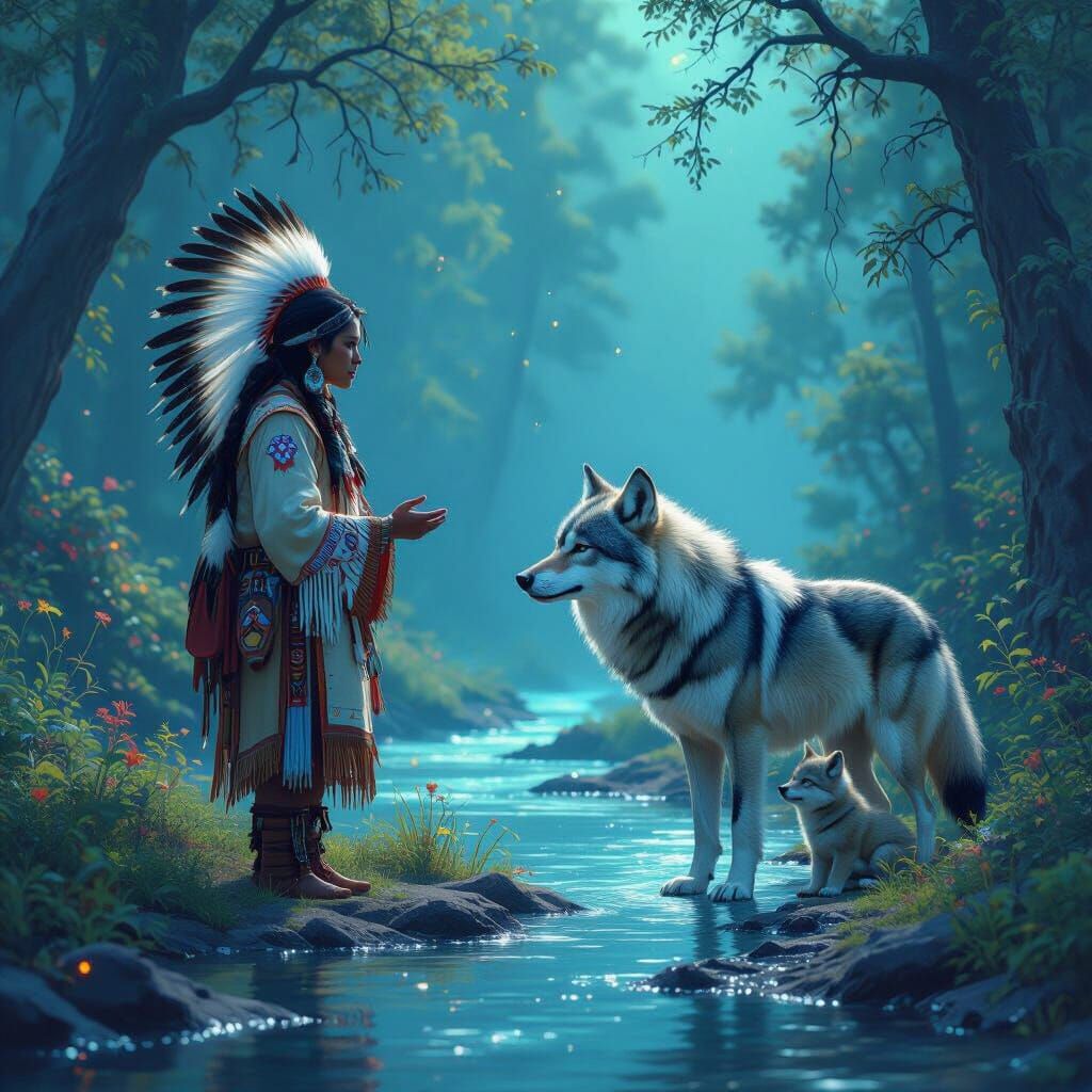 Native American with Giant Wolf in Bioluminescent Forest