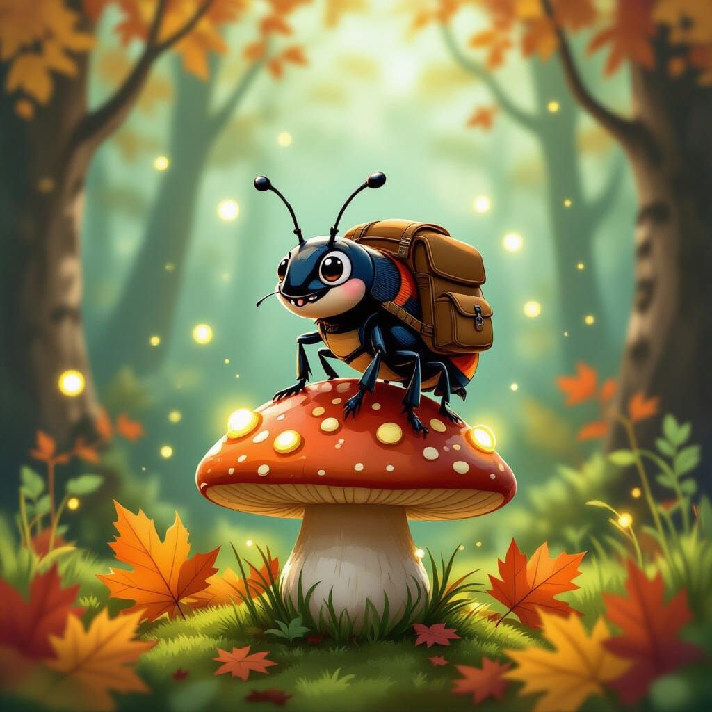 Cartoon Beetle Explorer on Mushroom in Fantasy Forest