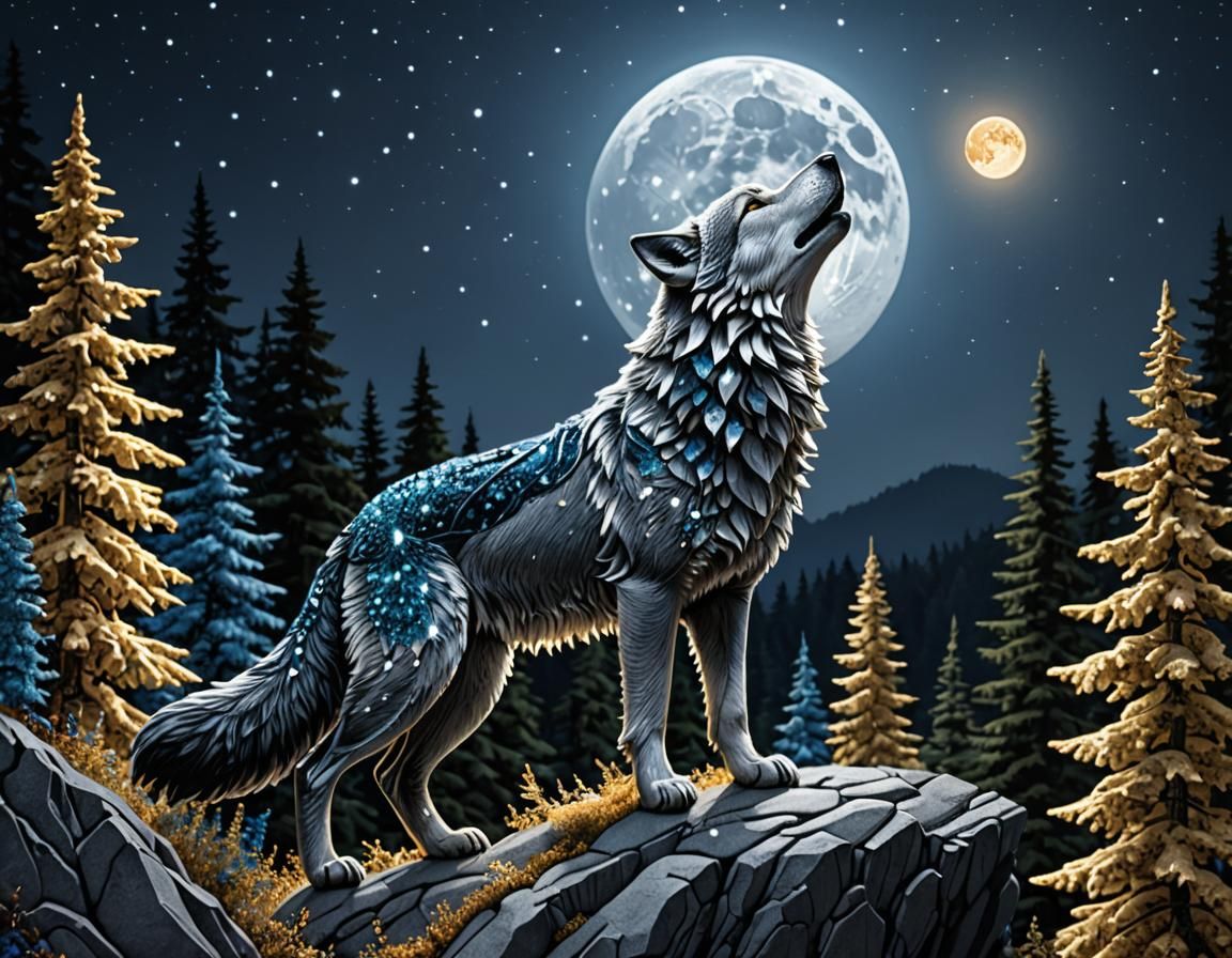 A grey wolf howling at a glowing moon