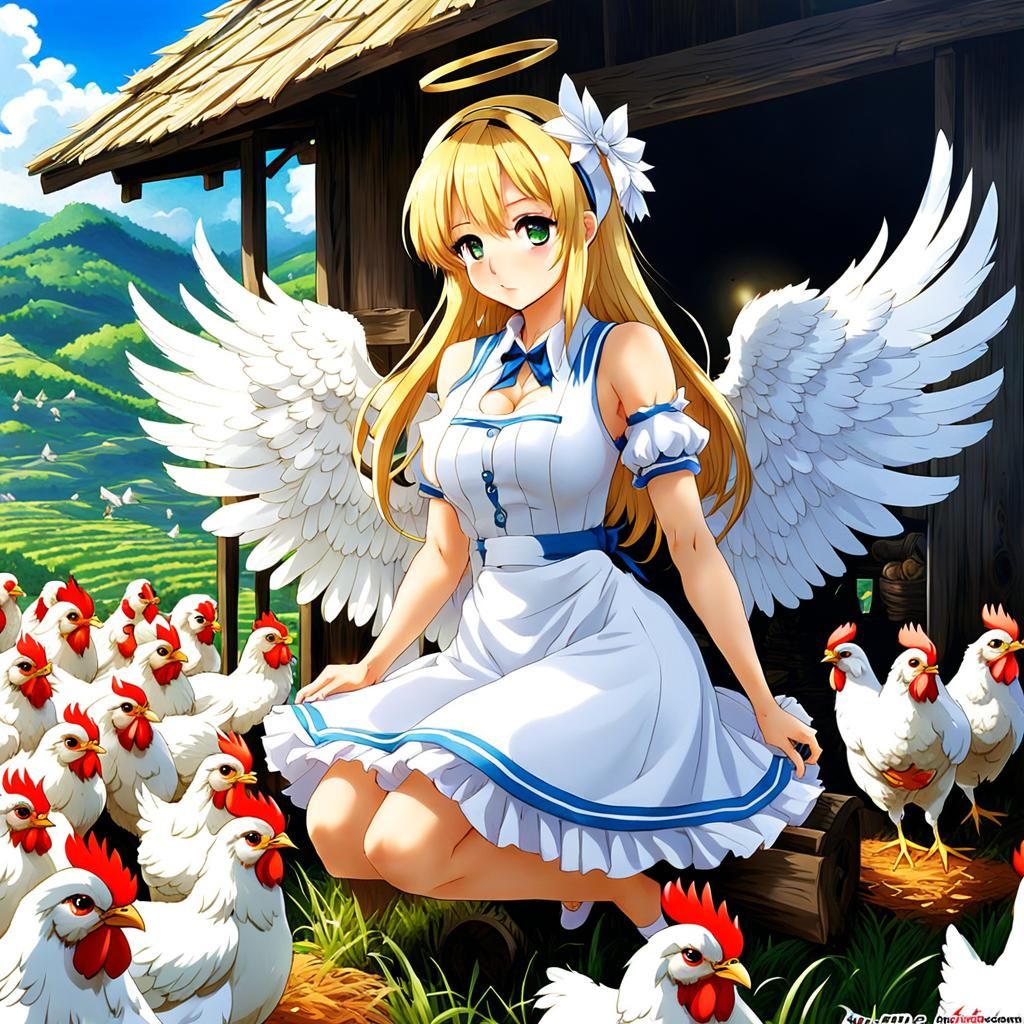 Anime Angel Girl Caring for Chickens