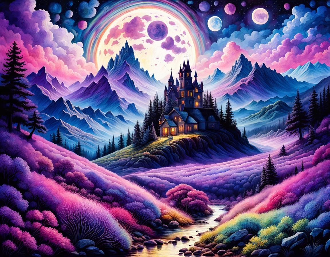 Surreal Watercolor Landscape with Rainbow Shadows