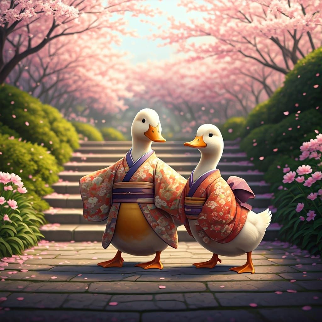 Dancing Ducks in Kimonos Under Cherry Blossoms