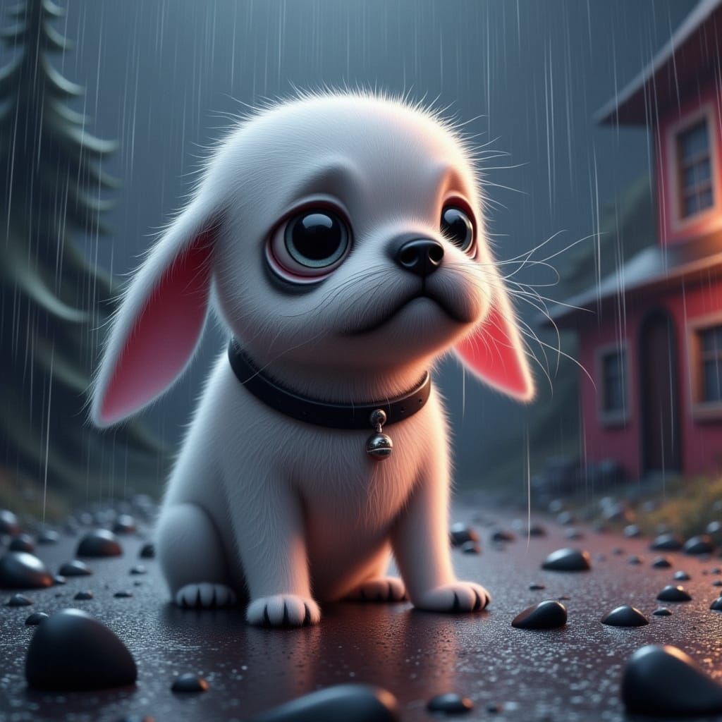 Crying Bulldog with Rabbit Ears in Moody City