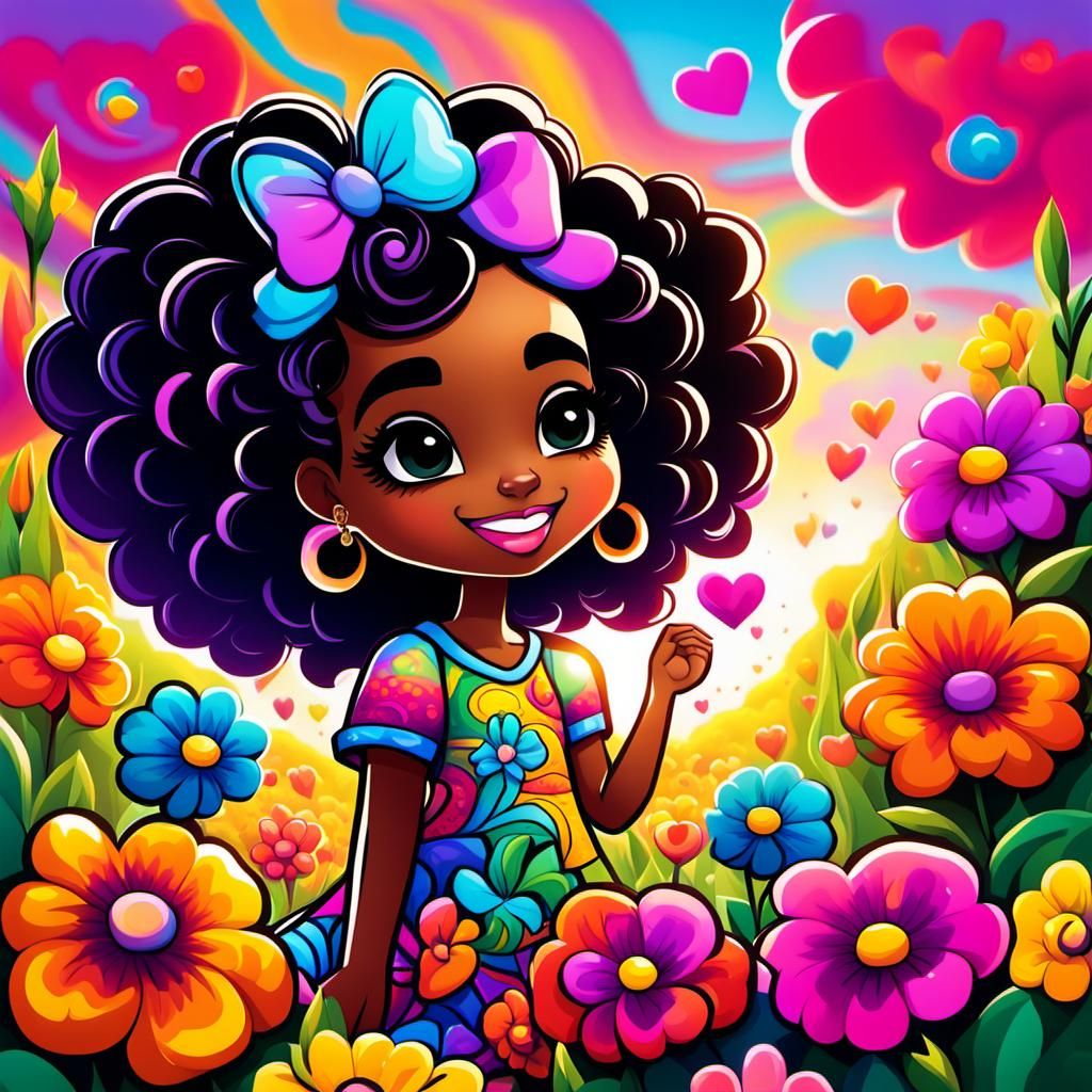African American Chibi Girl in Lisa Frank Style