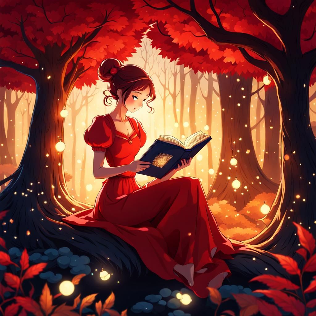Red Fairy Reading Book in Ghibli Style