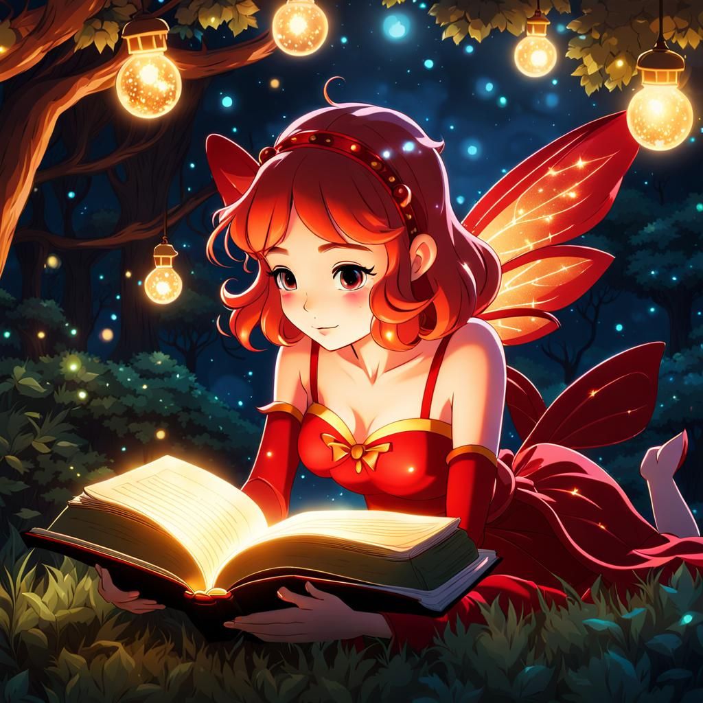 Cute Red Fairy Reading Book in Ghibli Style