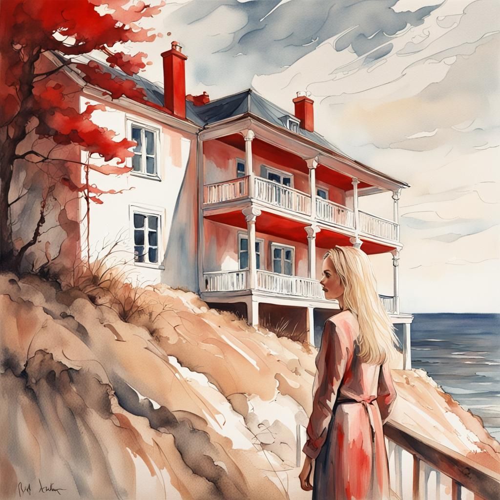 Baltic Sea House With Woman in Pastel Ink